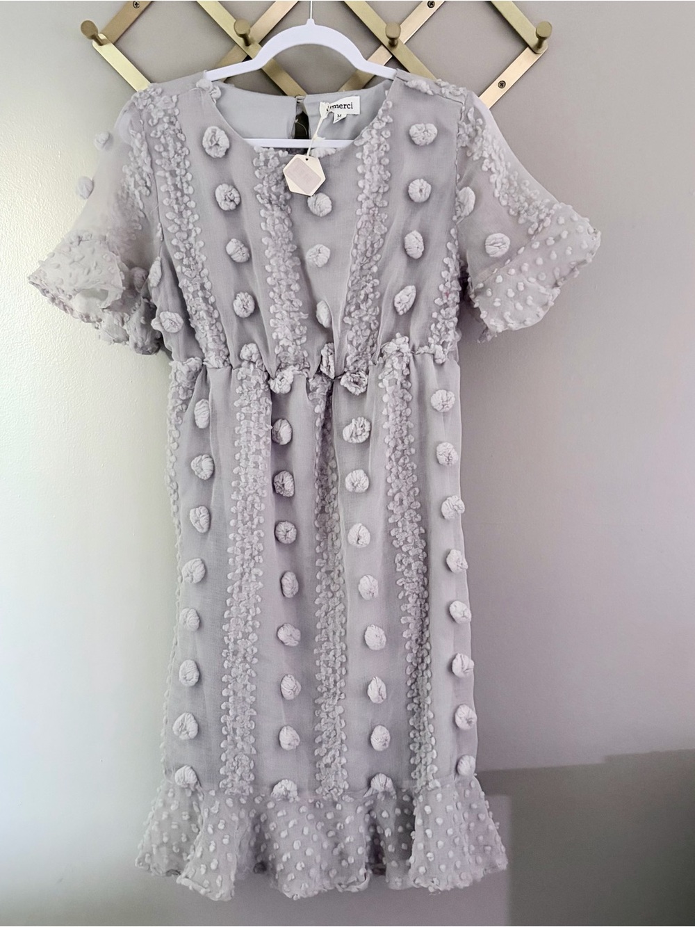 Merci Grey Textured Pom Pom Ruffle Dress Medium NWT Cottagecore Boho